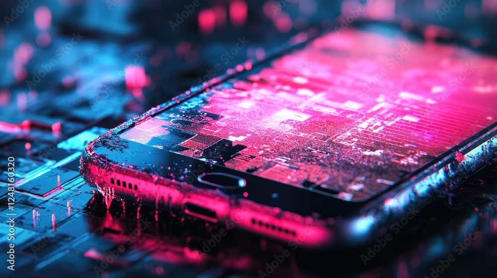 Aufkleber broken smartphone with a cracked neon screen, digital glitch effect creating a cyberpunk aesthetic, 