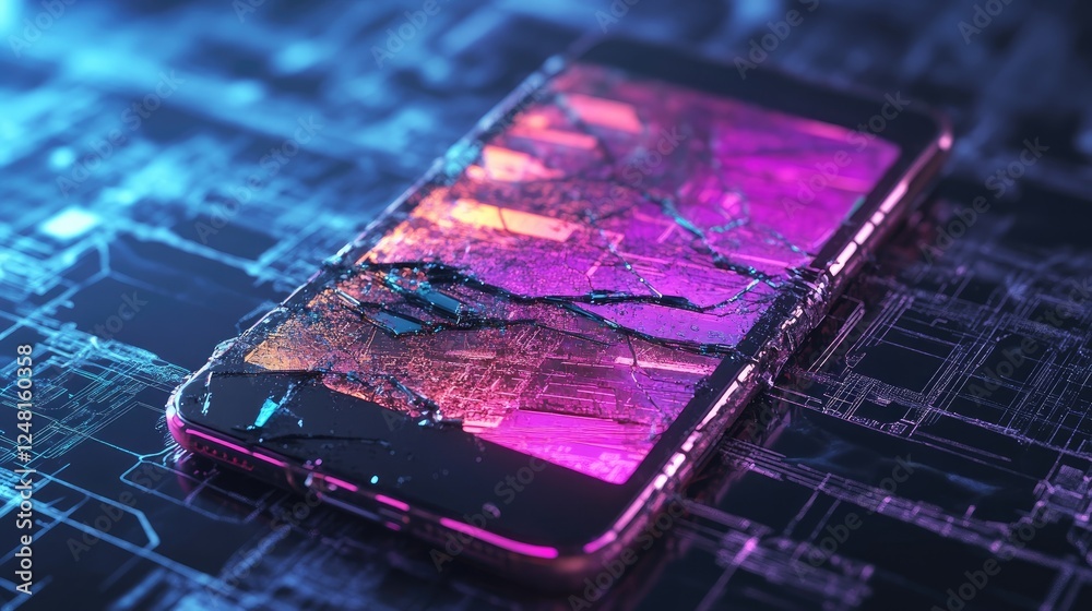 Poster broken smartphone with a cracked neon screen, digital glitch effect creating a cyberpunk aesthetic, 