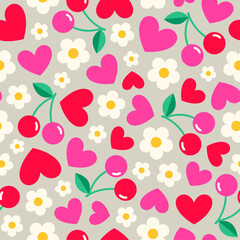 Cute cherry, flower and heart seamless pattern design for Valentine's day background.