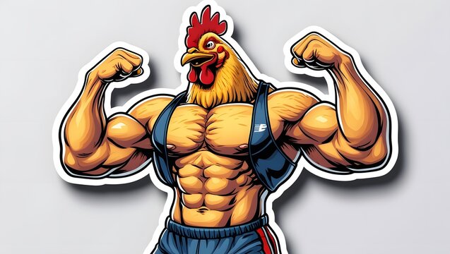 A cartoon illustration of a very muscular rooster flexing its biceps. Humorous, strong bird sticker design.