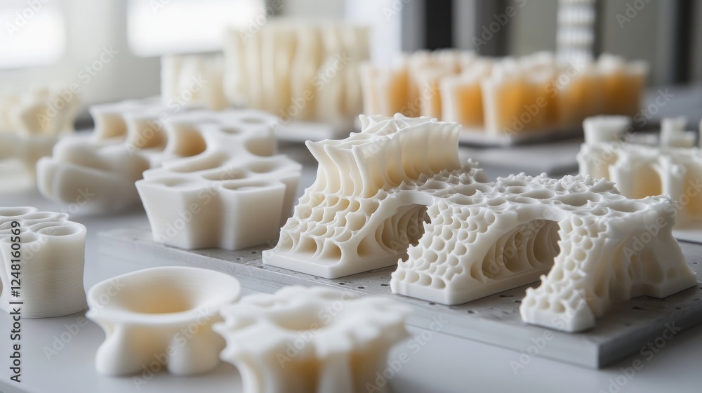 Poster Close-up of 3D-printed components awaiting assembly, highlighting the cutting-edge manufacturing techniques made possible by AI design algorithms in a futuristic production environment.