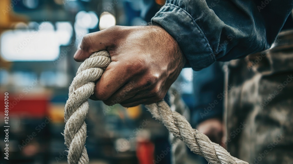 Poster close-up of a factory worker's hands gripping a sturdy rope in a bustling industrial setting, emphas