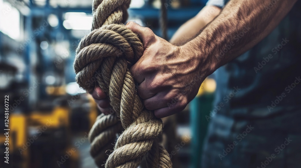 Poster close-up of a factory worker's hands gripping a sturdy rope in a bustling industrial setting, emphas