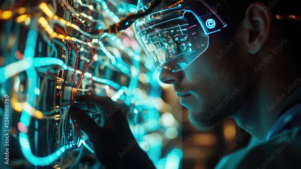 Aufkleber Close-up of a worker examining wiring, with AR indicators pinpointing issues while collaborating in real-time with an expert offsite for problem-solving and repair.