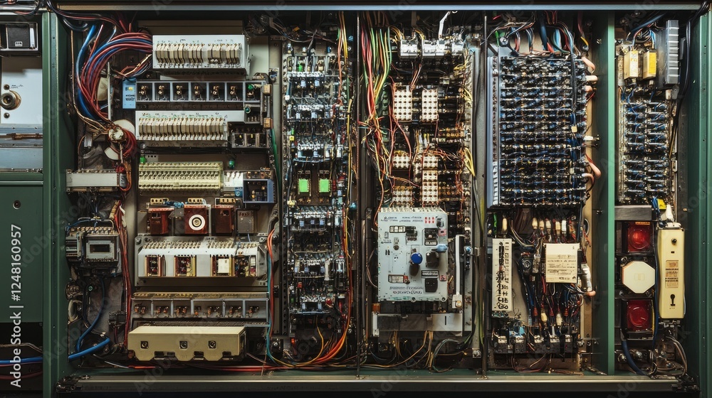Poster close-up of an electrical cabinet displaying intricate wiring and components, highlighting the compl