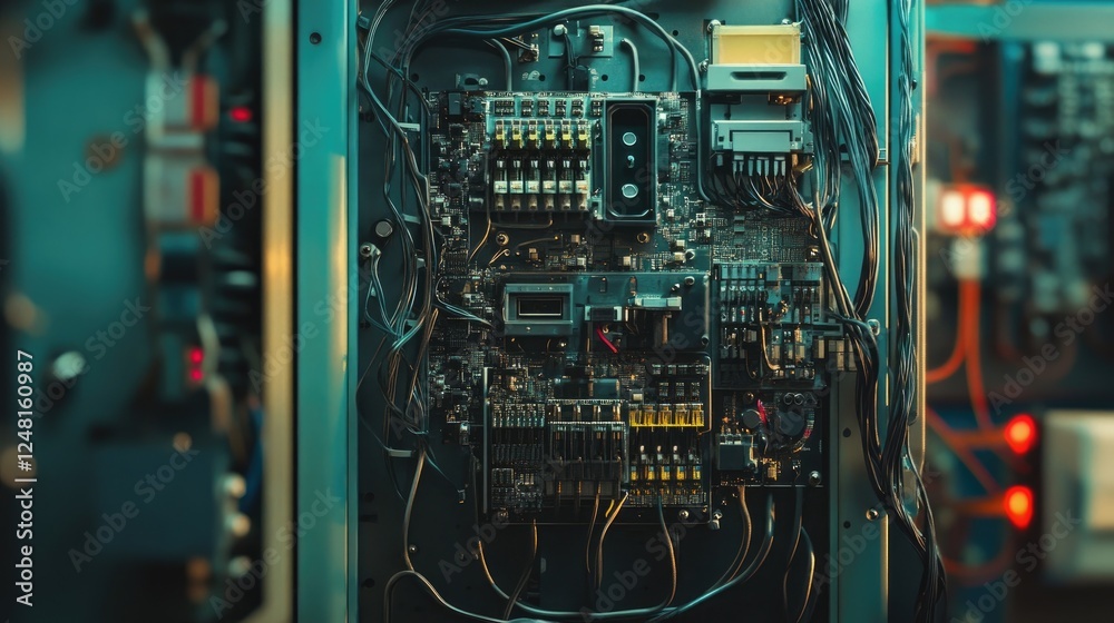 Aufkleber close-up of an electrical cabinet displaying intricate wiring and components, highlighting the compl