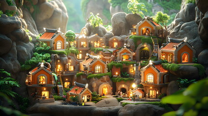 Cozy village nestled in lush rocks with illuminated homes and soft evening light surrounded by verdant foliage.