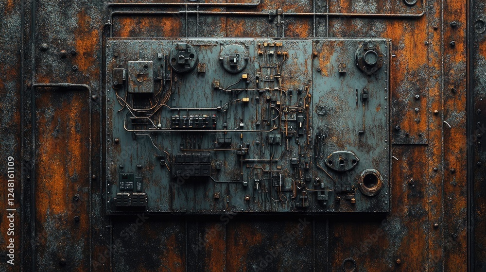 Poster close-up of an electrical panel displaying intricate wiring and circuit breakers on a weathered, rus