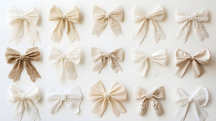 Elegant Collection of Lace Bows on White Background. These bows offer a vintage and romantic touch, ideal for weddings, bridal showers, or elegant gift presentations.
