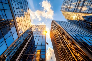 Fototapeta premium Skyscrapers Under Bright Blue Sky With Fluffy Clouds and Sunlight Reflection on Glass