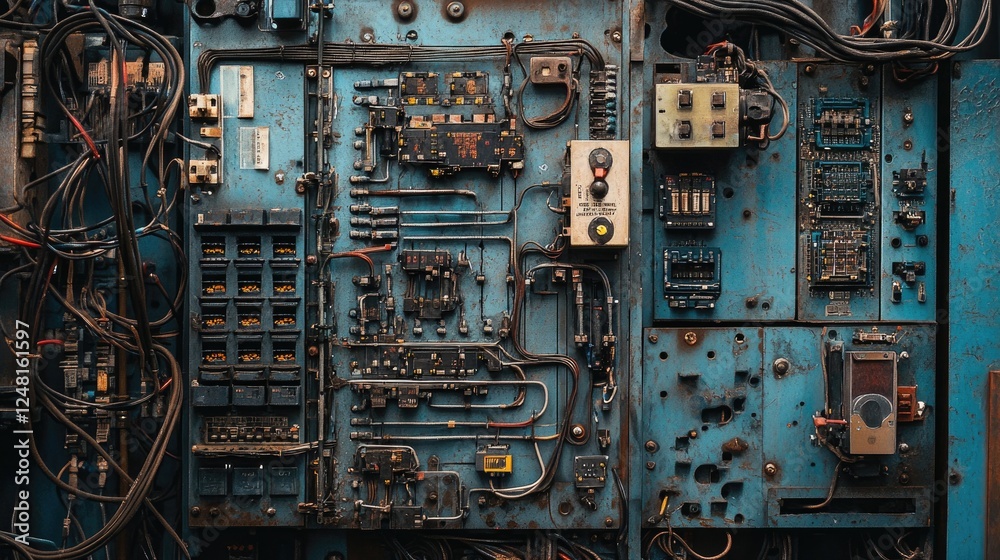 Aufkleber close-up of an industrial electrical cabinet, featuring intricate wiring and components that represe