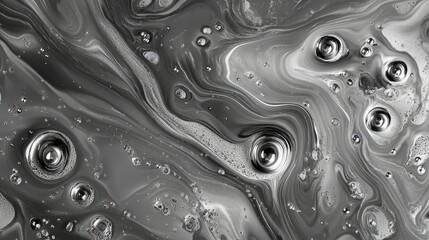 Abstract Black and White Liquid Texture with Bubbles and Swirls