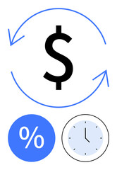 Dollar symbol surrounded by circular arrows indicating flow, with blue percentage sign to represent interest or rates, and blue clock symbolizing time. Ideal for finance, investment, banking, loans