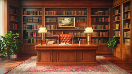 Fototapeta premium Elegant Study Room with Wooden Desk, Bookshelves, and Armchair in a Cozy Home Library Setting, Bright Lighting, Classic Decor, and a Serene Atmosphere for Reading and Concentration