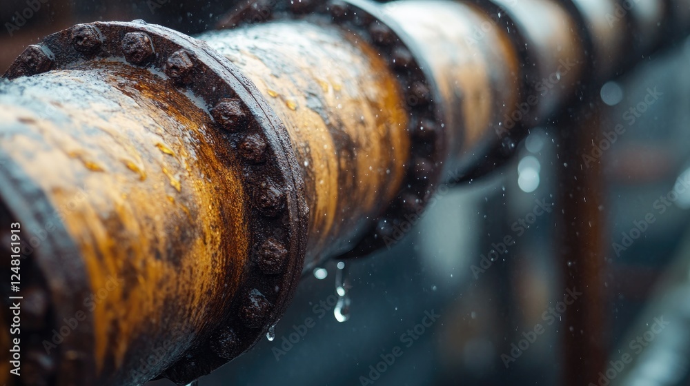 Poster close-up of corroded pipes in a winter industrial setting, leaking water droplets and highlighting t