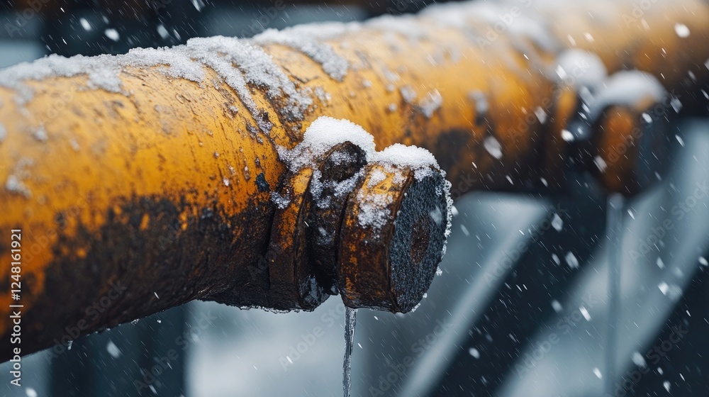 Poster close-up of corroded pipes in a winter industrial setting, leaking water droplets and highlighting t