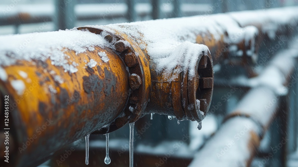 Poster close-up of corroded pipes in a winter industrial setting, leaking water droplets and highlighting t
