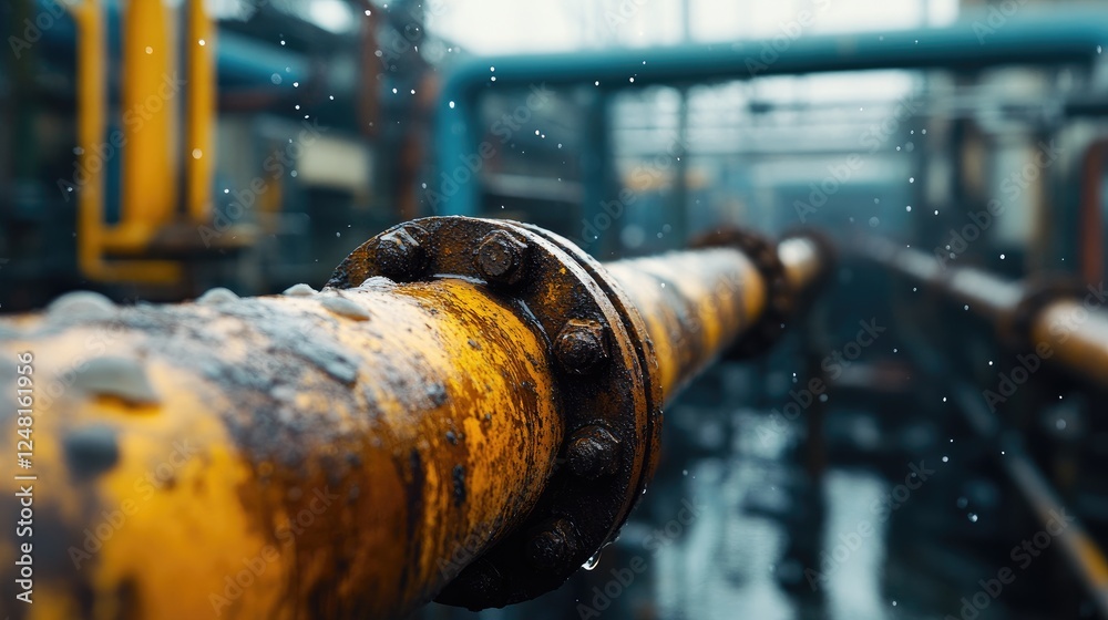 Poster close-up of corroded pipes in a winter industrial setting, leaking water droplets and highlighting t