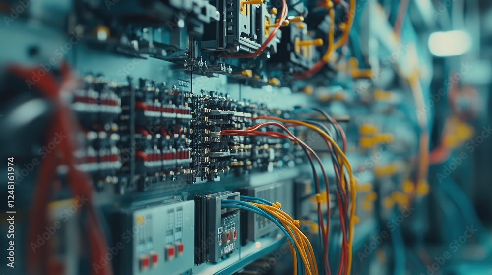 Poster close-up of electrical relays managing an industrial manufacturing process, showcasing the intricate