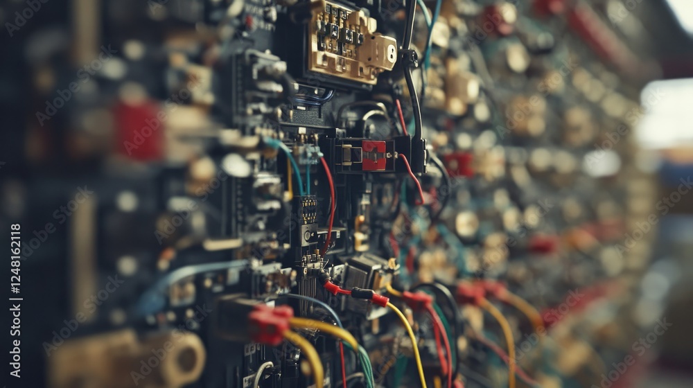 Poster Close-up of electrical relays managing an industrial manufacturing process, showcasing the intricate network of wires and components essential for automation and control in modern factories.