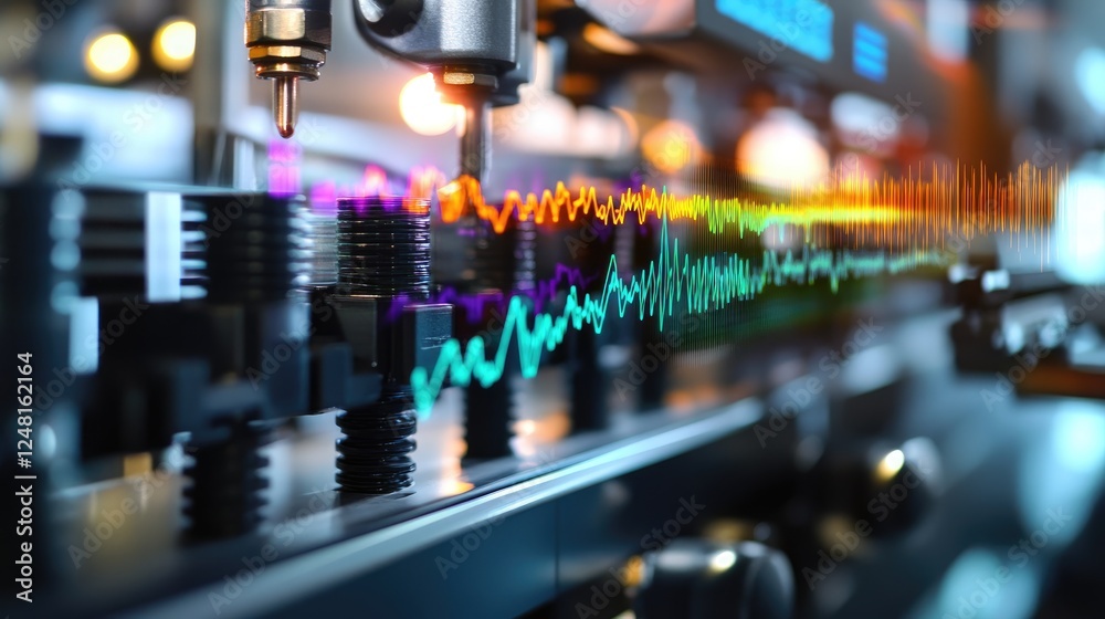 Poster Close-up of high-resolution cables and connectors linking machines, with colorful data waveforms above them, illustrating real-time communication and data flow in an industrial setting.