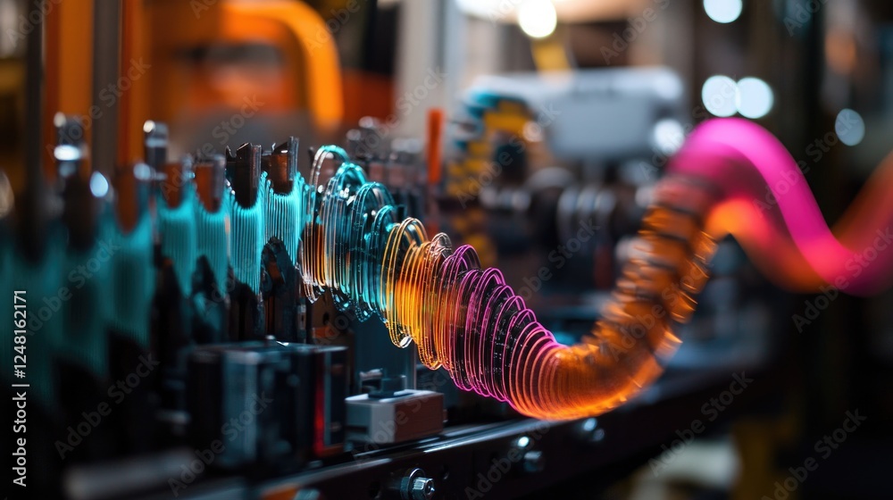 Poster Close-up of high-resolution cables and connectors linking machines, with colorful data waveforms above them, illustrating real-time communication and data flow in an industrial setting.