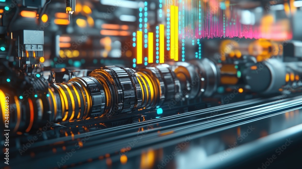 Poster Close-up of high-resolution cables and connectors linking machines, with colorful data waveforms above them, illustrating real-time communication and data flow in an industrial setting.