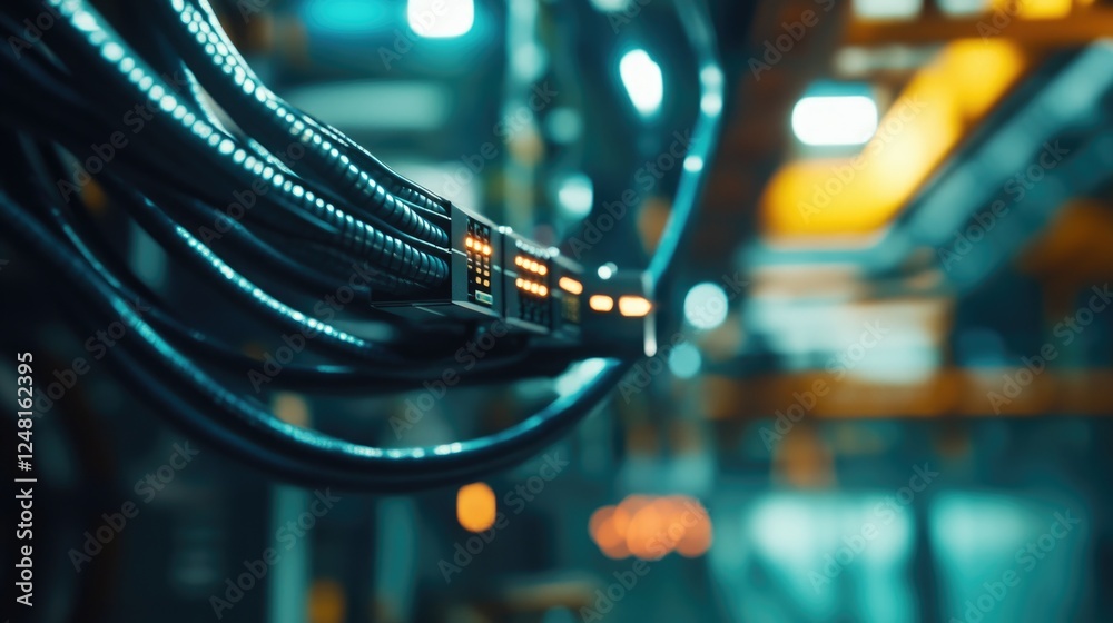 Poster Close-up of network cables and a 5G antenna within a factory, representing the vital infrastructure enabling instant communication and data transfer in industrial settings.