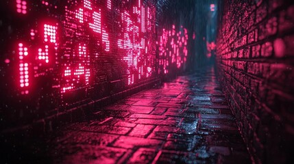 Obraz premium Alley with Glowing Holographic Graffiti Illuminating the Moody Urban Environment