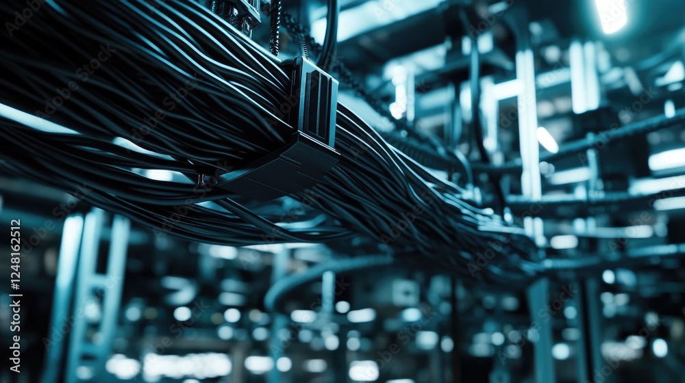 Poster Close-up of network cables and a 5G antenna within a factory, representing the vital infrastructure enabling instant communication and data transfer in industrial settings.