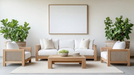 Modern Living Room Interior with Stylish Furniture and Green Plants in Cozy and Bright Environment