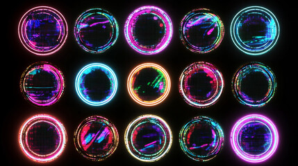 Circle frame with glitch and neon glow effect. Digital round geometric light border with vintage vhs distortion. Realistic vector illustration set of ring shape with broken retro tv bug design.