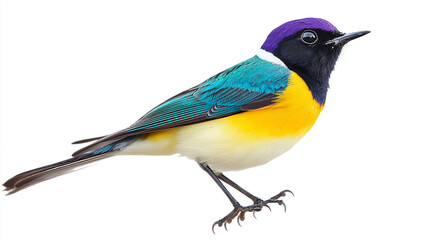 Fototapeta premium Side view of a vibrant Wagtail bird with full color, set against a clean white background, perfect for birdwatching enthusiasts and nature-themed design project