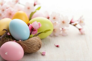 Colorful easter eggs and cherry blossom flowers