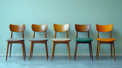 Obraz premium Five vintage chairs against a mint green wall.