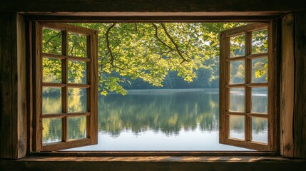 Fototapeta premium Scenic View of Calm Lake with Lush Greenery Framing Window