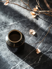 Black vase on a marble table with dried branches.