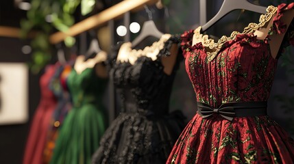 Naklejka premium Elegant collection of vintage-style dresses displayed on mannequins, showcasing intricate designs and vibrant colors.