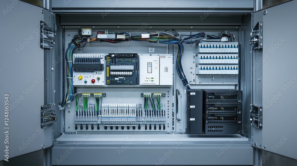 Poster detailed shot of an electrical cabinet with complex wiring and components, symbolizing the advanced 