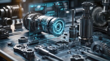 Detailed array of gears and parts on a workbench, with overlaid digital schematics showcasing the customizable assembly process and precision engineering in a modern workshop.