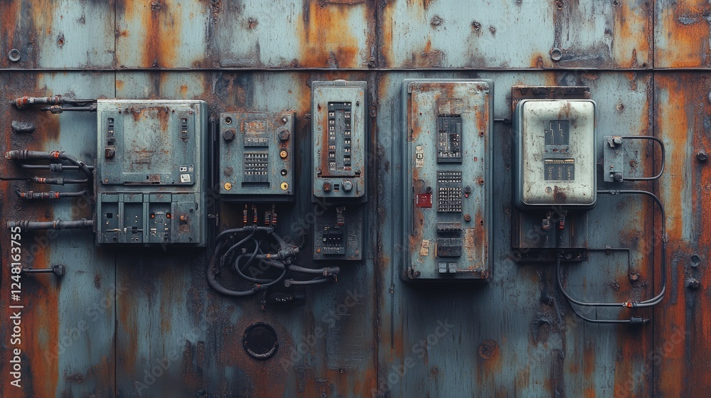 Poster electrical panel with detailed wiring and circuit breakers on a weathered, rusty metal background, s