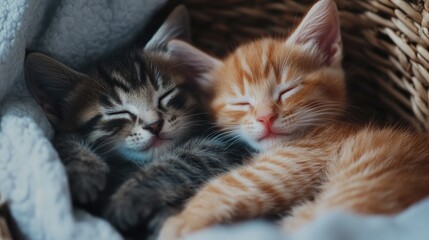Two Adorable Kittens Sleeping Peacefully in a Cozy Basket