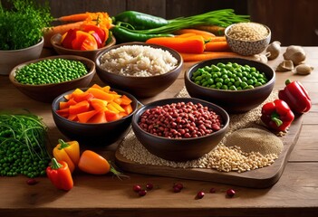 artfully arranged vibrant bowls fresh dog food ingredients showcasing colorful grains recipe presentation, vegetables, protein, carrots, peas, rice, fish