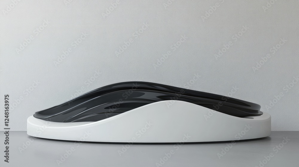 Poster empty product showcase featuring a white oval podium with abstract obsidian waves, highlighting eleg