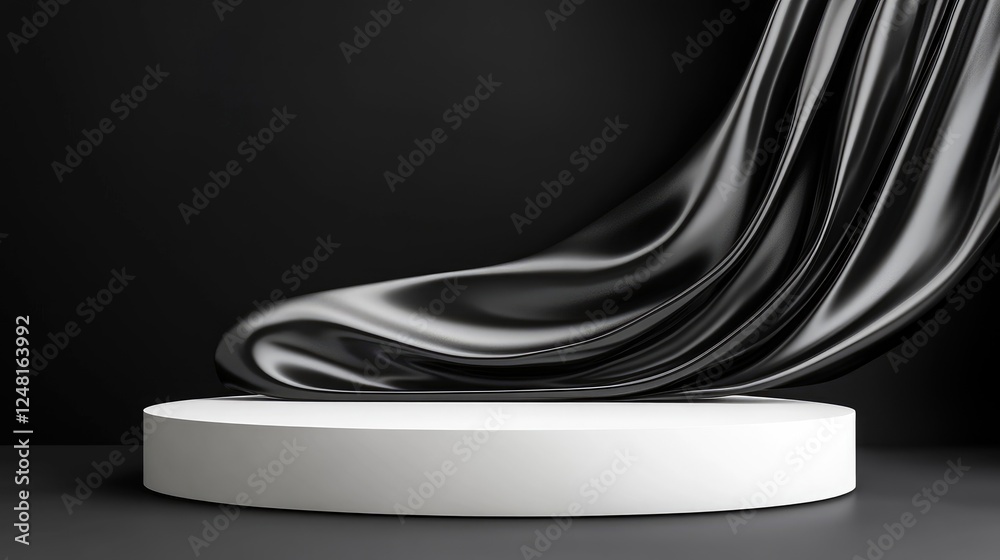 Poster empty product showcase featuring a white oval podium with abstract obsidian waves, highlighting eleg