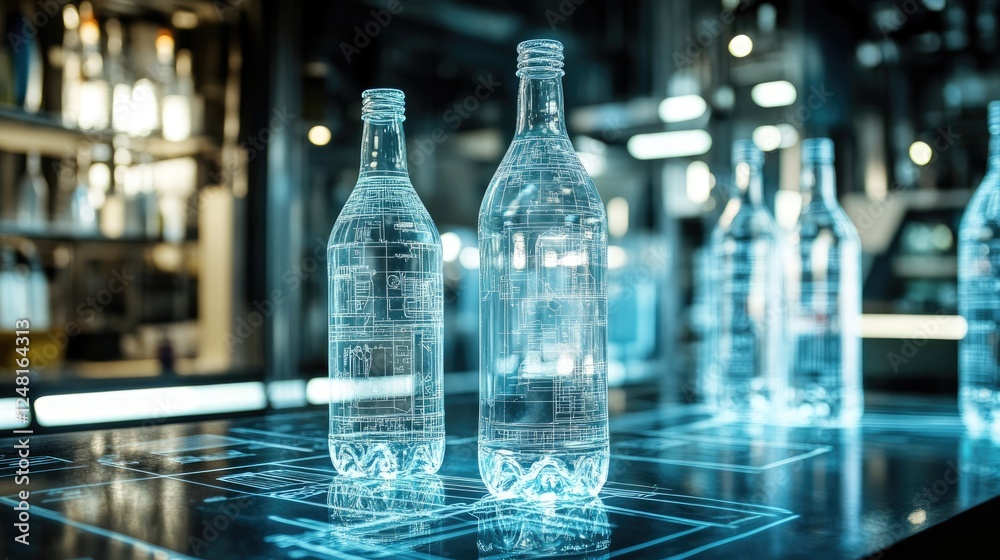 Poster glass bottles, illuminated under factory lights, are surrounded by sketches showing their potential 