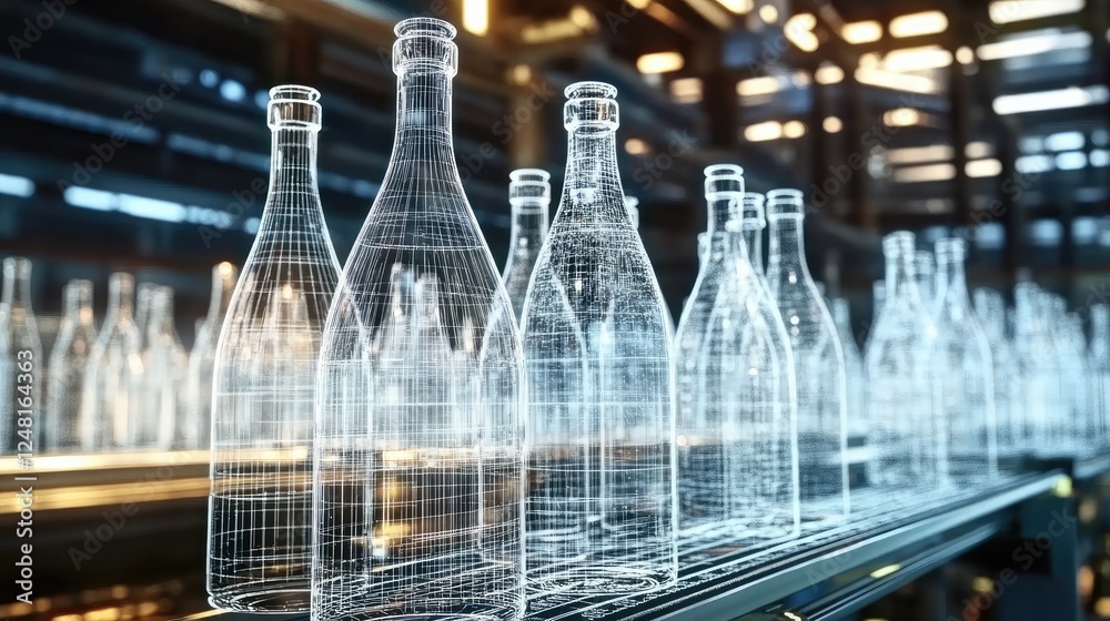 Poster glass bottles, illuminated under factory lights, are surrounded by sketches showing their potential 