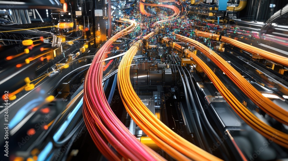 Poster High-definition cables and connectors interlink machines, with colorful waveforms of data traffic above, emphasizing the importance of connectivity in industrial data systems.