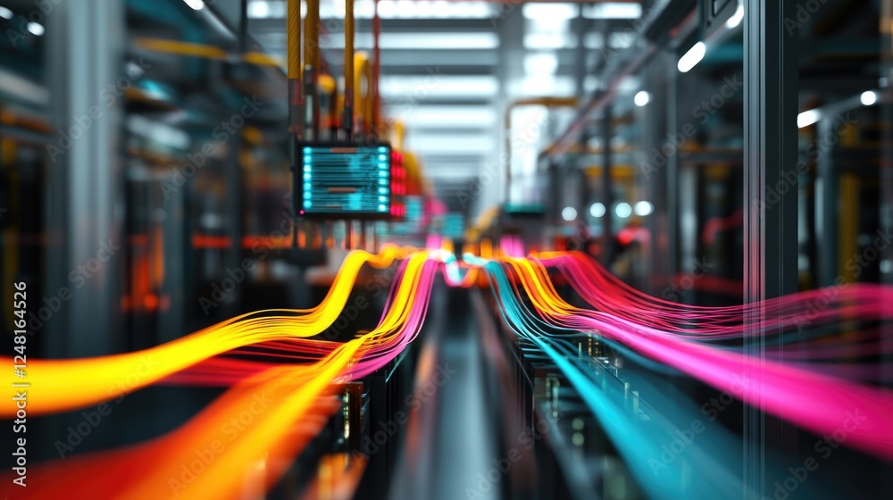 Poster High-definition cables and connectors interlink machines, with colorful waveforms of data traffic above, emphasizing the importance of connectivity in industrial data systems.