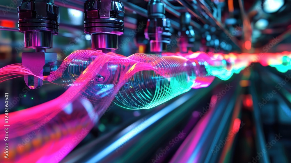 Poster High-definition cables and connectors interlink machines, with colorful waveforms of data traffic above, emphasizing the importance of connectivity in industrial data systems.